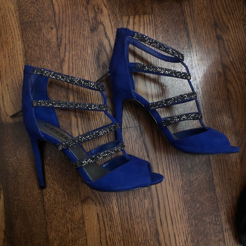 New Guess Sparkly Cobalt Open Toe Strappy Heels - image 5